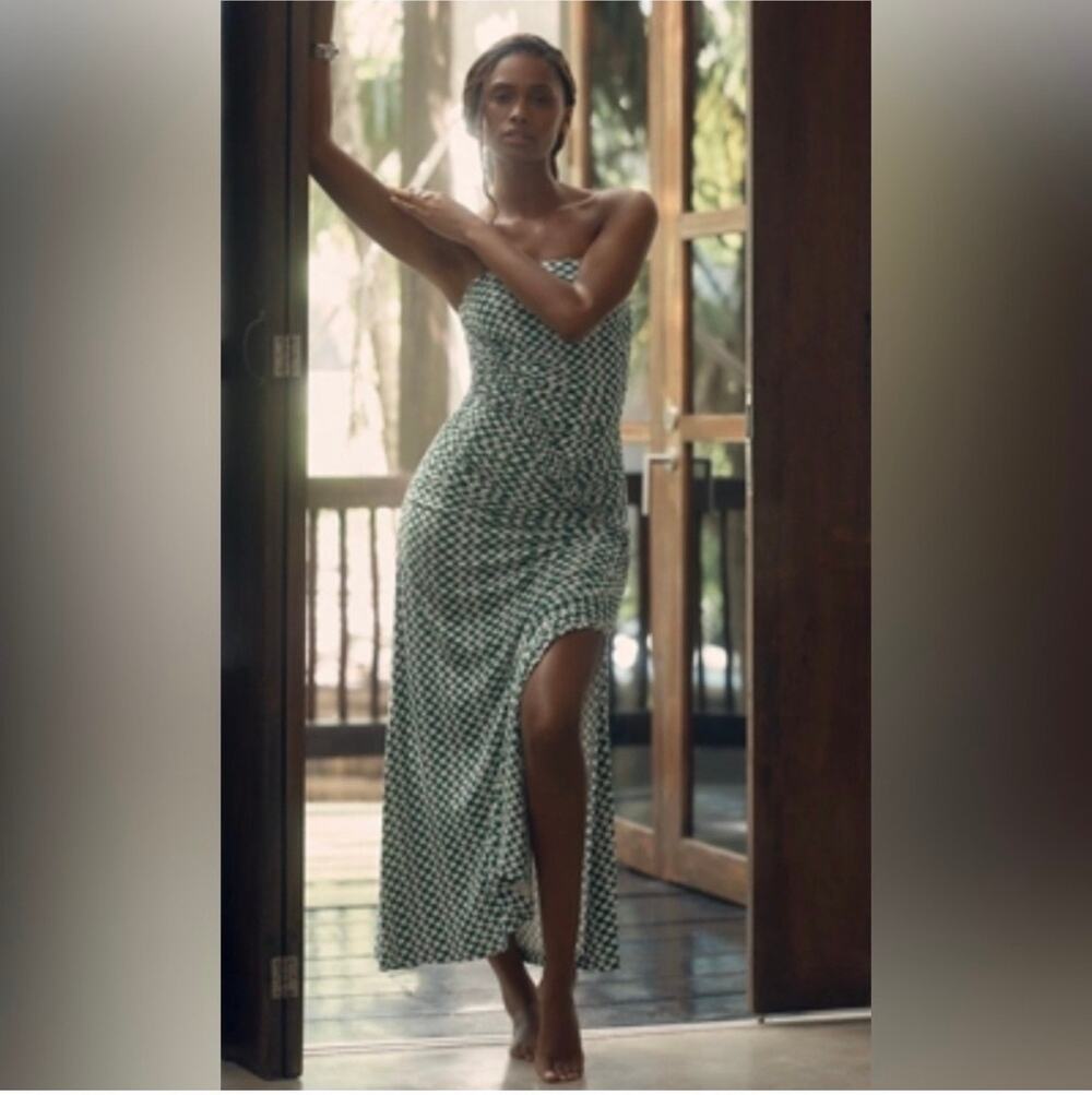 Celandine Anthropologie Strapless Green and White Gabbie Tube Dress Medium